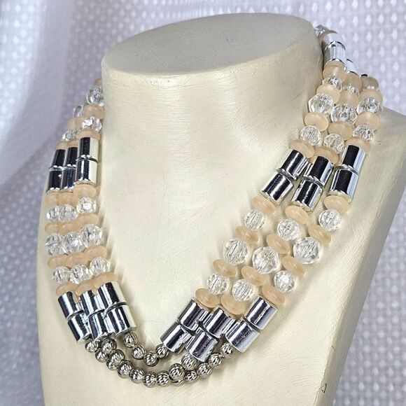 Dramatic Triple Strand Acrylic Beaded Necklace - Peach & Silver - Picture 1 of 10